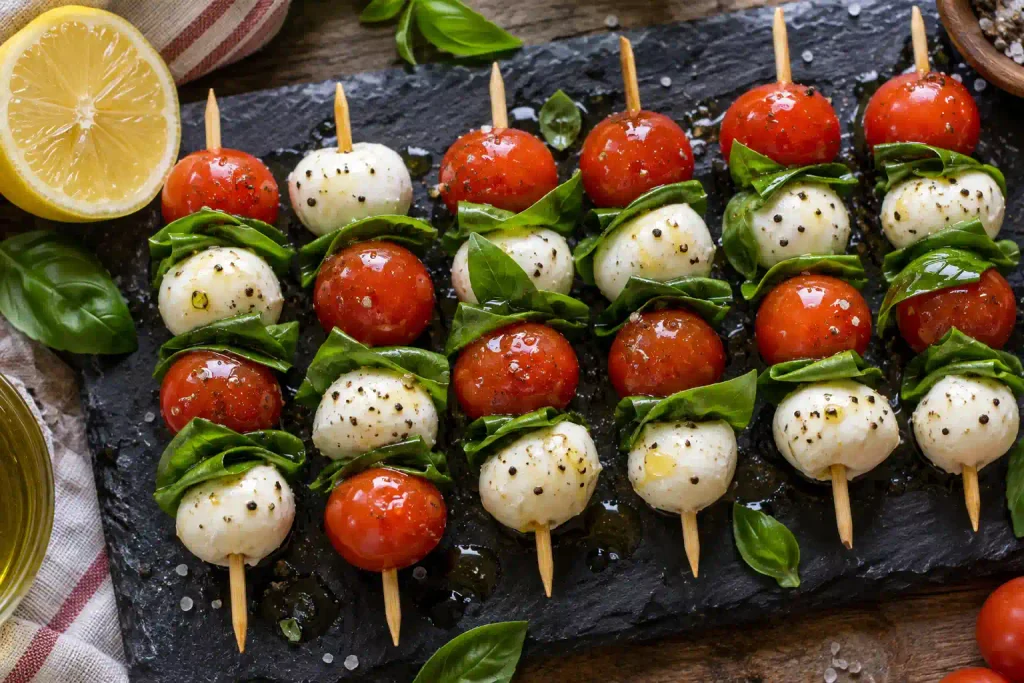 Healthy Snacks: 12 Simple Recipes to Grab Fast or Make Ahead 6 Rows of tomato, mozzarella and basil skewers on a slate board with a halved lemon