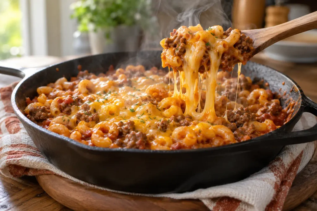 Ground Beef Recipes: 12 Hearty Dinners for Weeknights and Weekends 5 Wooden spoon lifting cheeseburger pasta with stretchy melted cheddar from a skillet