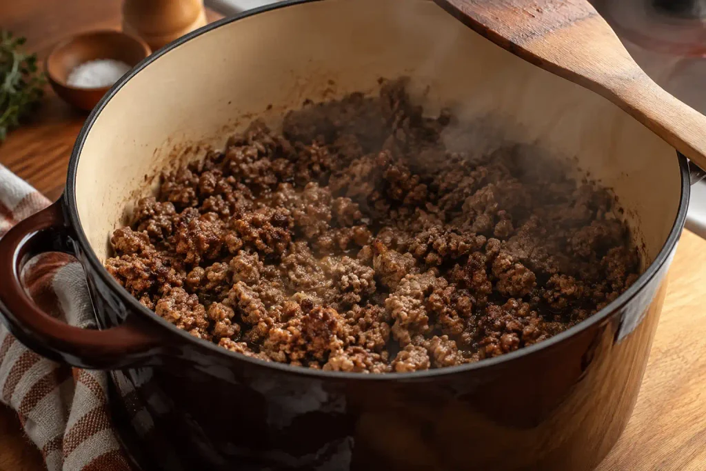 Ground beef browning in a Dutch oven, the first step of easy cheeseburger soup