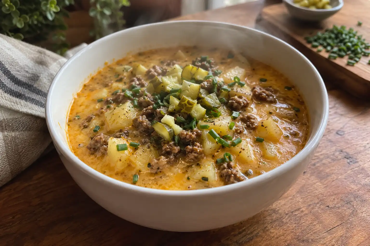 Creamy cheeseburger soup in a white bowl topped with chopped pickles and chives on a wooden table