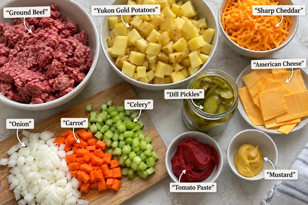 Ingredients for homemade cheeseburger soup laid out flat, including beef, potatoes, cheddar and pickles