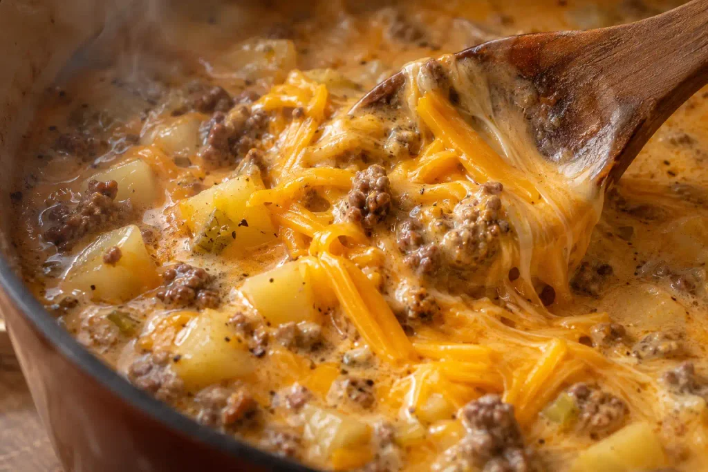 Sharp cheddar melting into stovetop cheeseburger soup as a wooden spoon stirs the pot