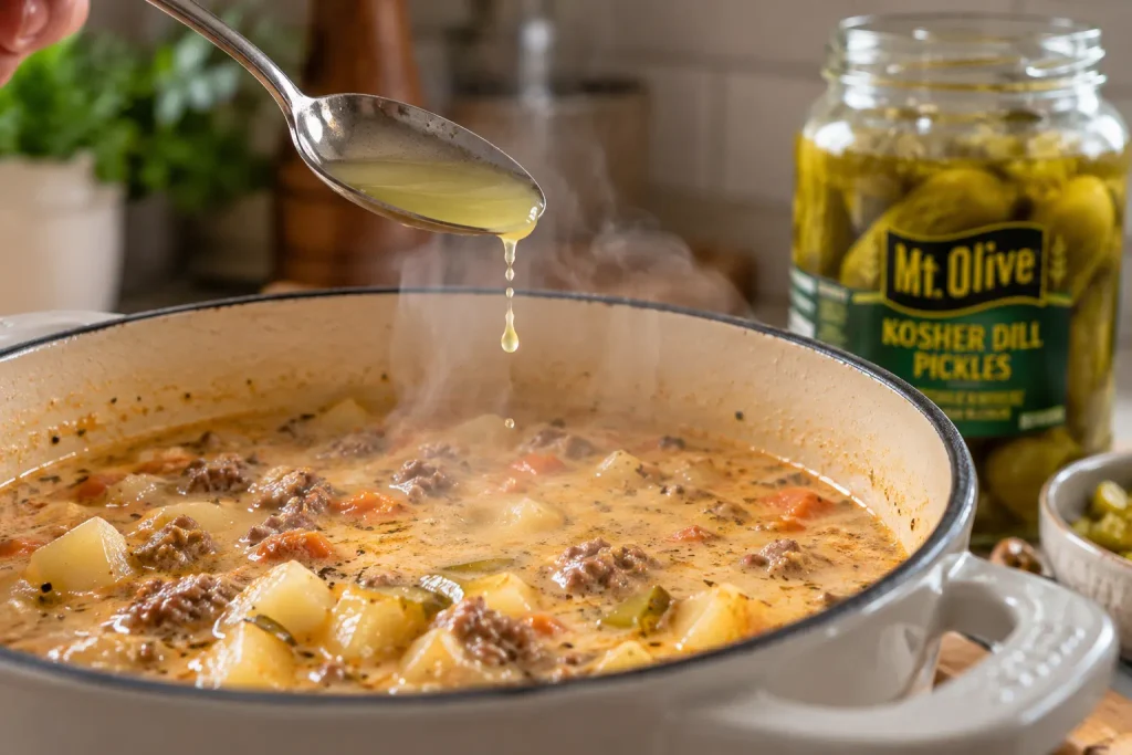 Spoon of pickle brine dropping into a pot of cheeseburger soup with potatoes