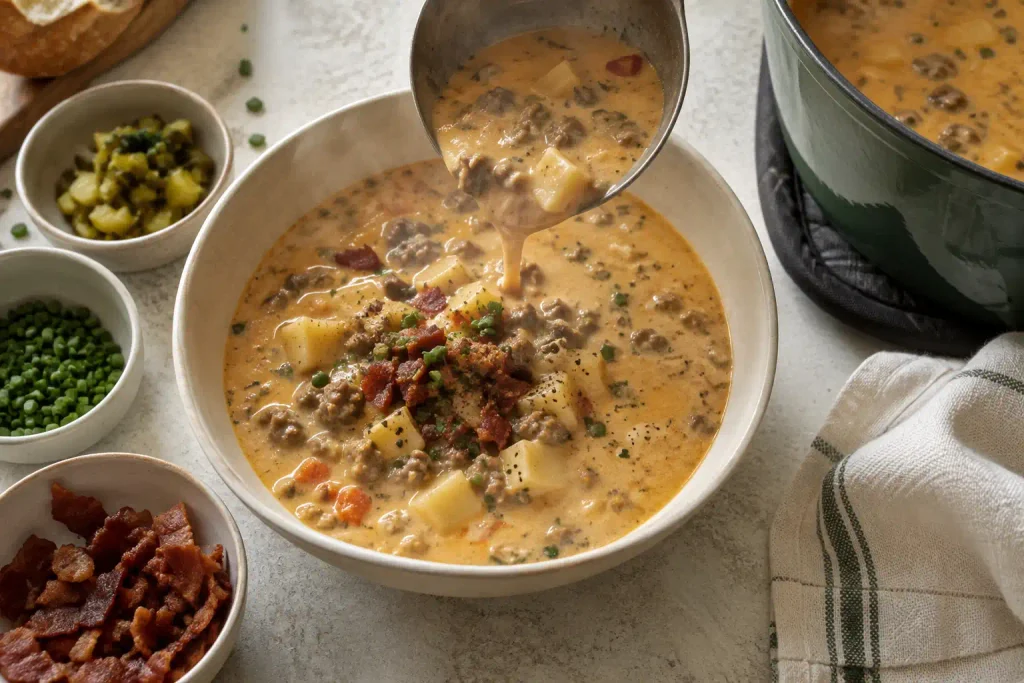 Ladling cheeseburger soup from scratch into a bowl beside pickles, chives and crisp beef bacon