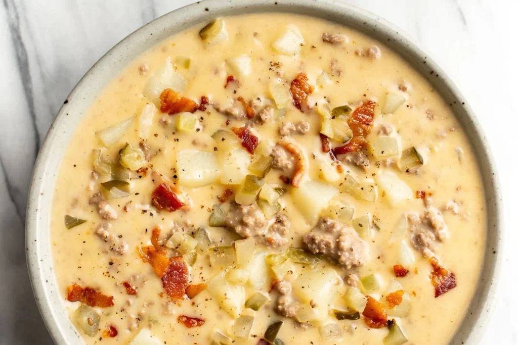 cheeseburger soup with potatoes beef bacon pickles