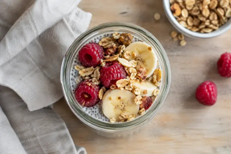 Chia Seed Pudding Recipe: Creamy 5 Ingredient No Cook 4 Glass jar of creamy chia seed pudding topped with berries and granola