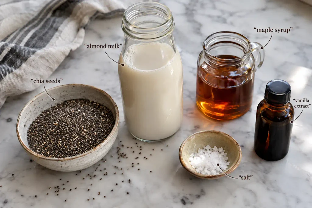 Chia Seed Pudding Recipe: Creamy 5 Ingredient No Cook 2 Ingredients laid out for an easy chia seed pudding recipe