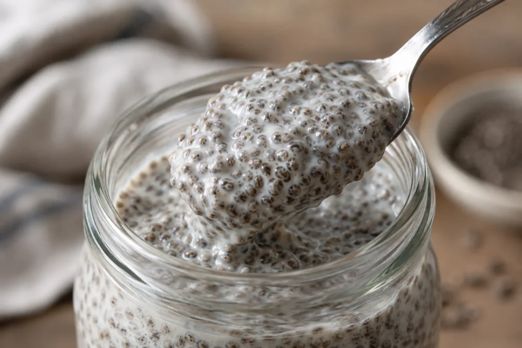Chia Seed Pudding Recipe: Creamy 5 Ingredient No Cook 4 Spoon lifting a scoop that shows set chia pudding texture up close