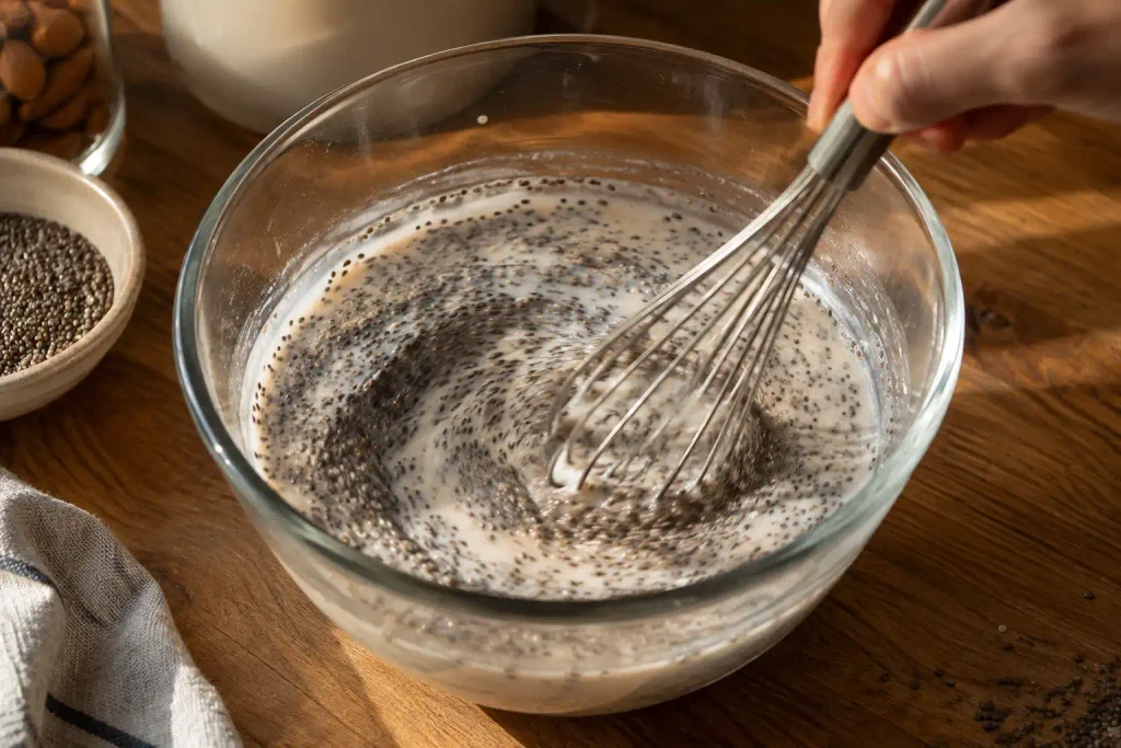 Chia Seed Pudding Recipe: Creamy 5 Ingredient No Cook 3 Hand whisking milk and seeds to start a batch of chia pudding
