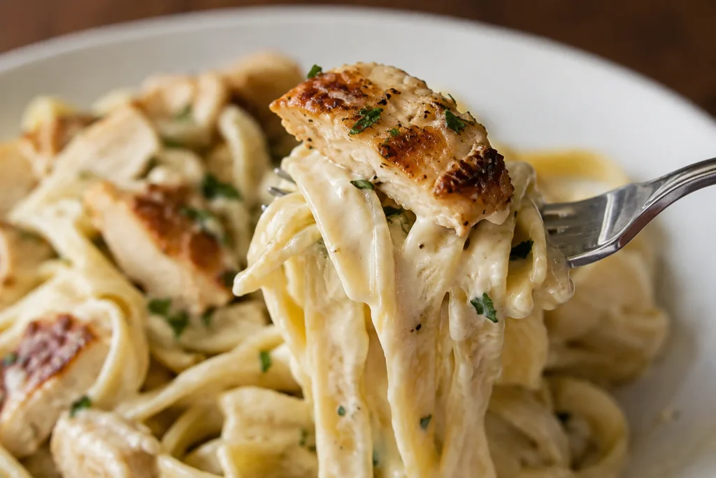 Chicken Alfredo Recipe: Silky Sauce in 30 Minutes, No Grainy Mess 7 Forkful of chicken alfredo lifted showing sauce coating the pasta