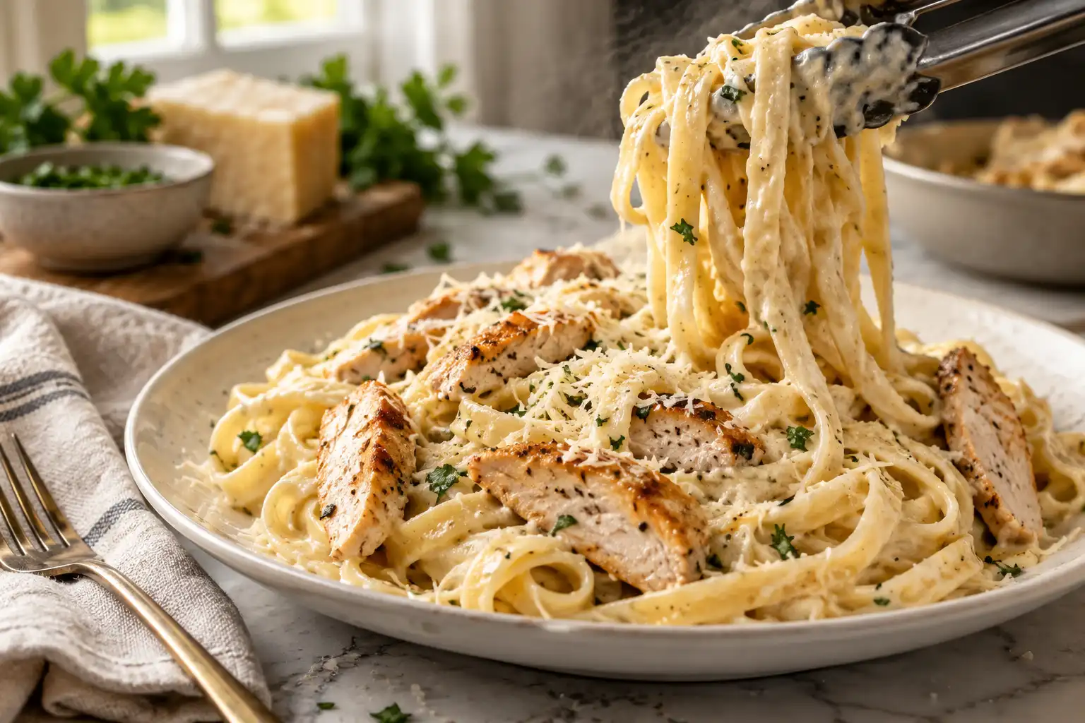 Dinner Ideas: 12 Easy Recipes for Fast Nights and Slow Ones 5 Tongs lifting chicken alfredo fettuccine from a white plate dusted with grated parmesan