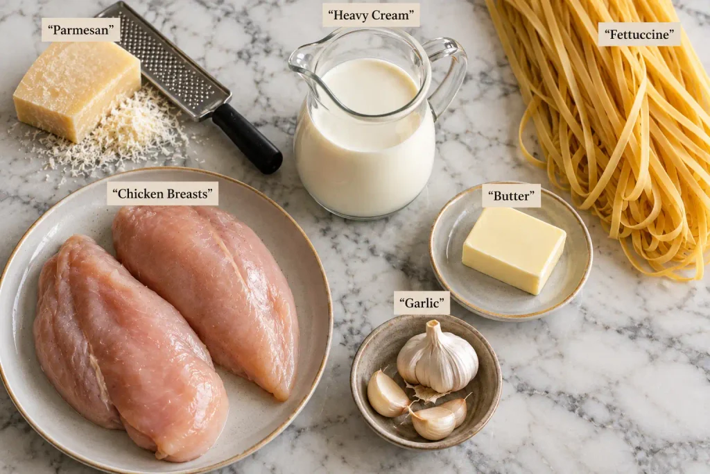 Chicken Alfredo Recipe: Silky Sauce in 30 Minutes, No Grainy Mess 3 Raw ingredients laid out for making chicken alfredo from scratch