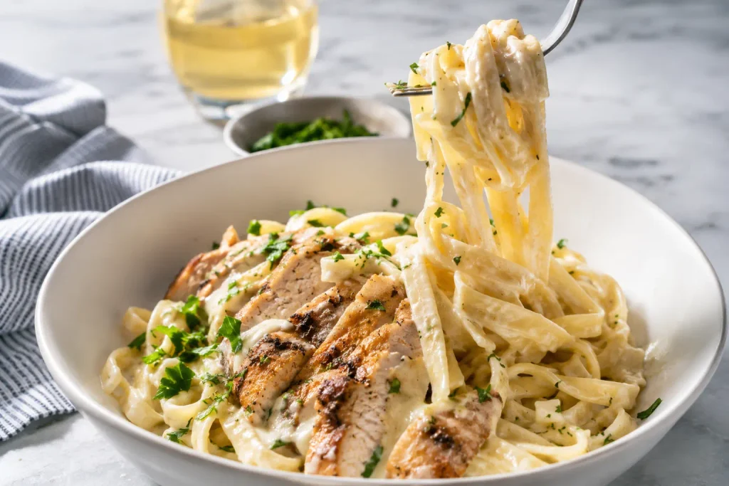 Chicken Alfredo Recipe: Silky Sauce in 30 Minutes, No Grainy Mess 6 Fork twirling creamy chicken alfredo pasta inside a white bowl