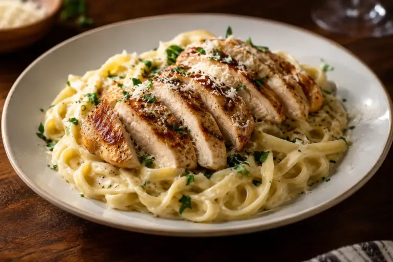 Chicken Alfredo Recipe: Silky Sauce in 30 Minutes, No Grainy Mess 5 Sliced chicken alfredo with creamy parmesan sauce on a white plate