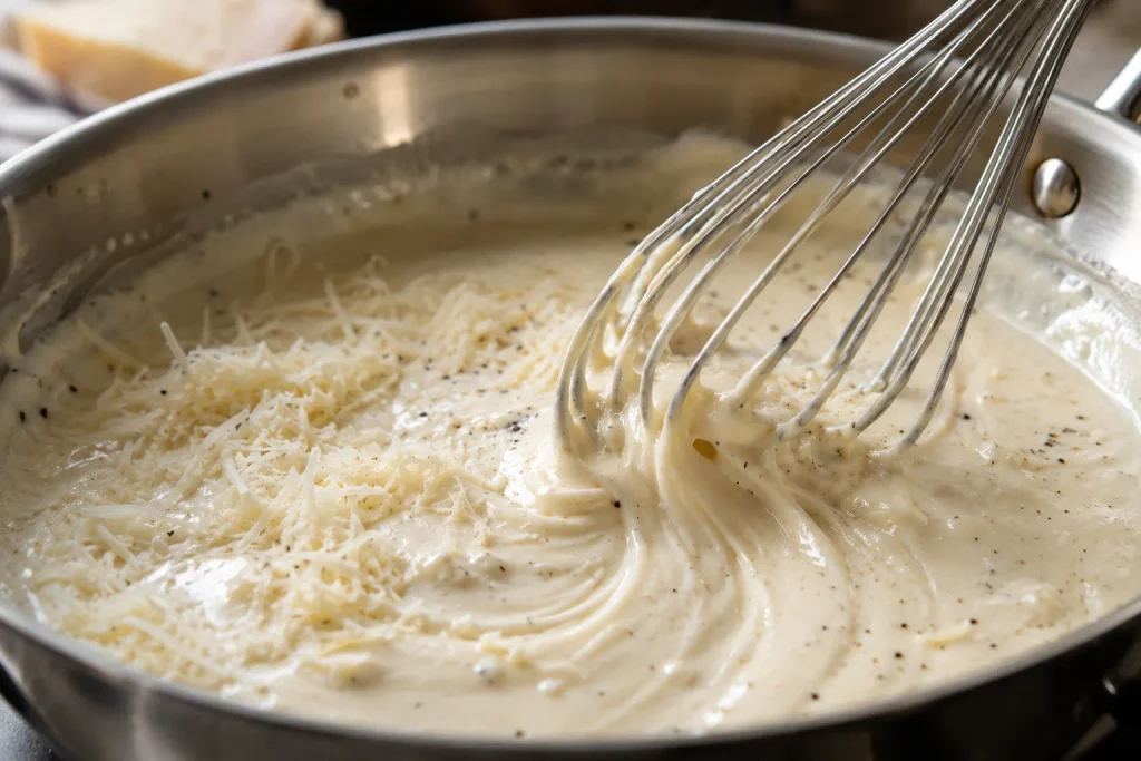 Chicken Alfredo Recipe: Silky Sauce in 30 Minutes, No Grainy Mess 5 Whisking fine parmesan into alfredo sauce away from the heat