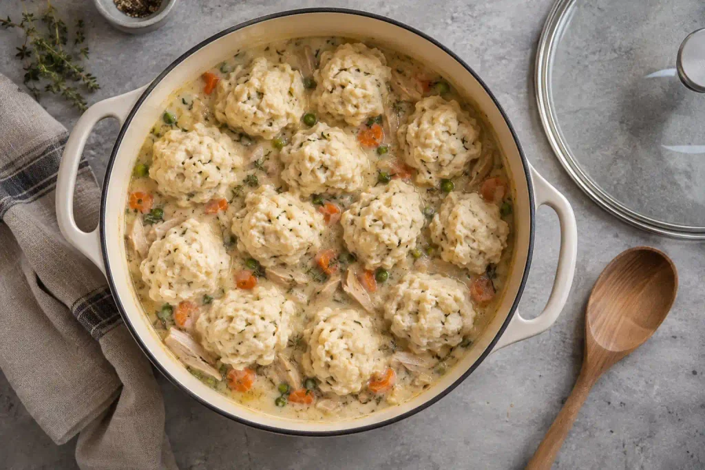 Chicken and Dumplings Recipe: A Creamy Stovetop Pot That Serves 6 5 Twelve drop dumplings resting on simmering chicken stew in a wide Dutch oven before the lid goes on