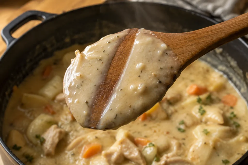 Chicken and Dumplings Recipe: A Creamy Stovetop Pot That Serves 6 4 Spoon coated in thick chicken dumpling stew broth with a clean track wiped down the middle