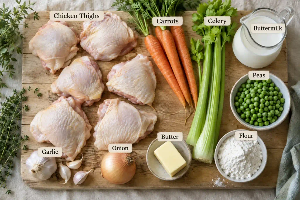Chicken and Dumplings Recipe: A Creamy Stovetop Pot That Serves 6 3 Ingredients for homemade chicken and dumplings laid out flat, with bone-in thighs, vegetables, flour and buttermilk