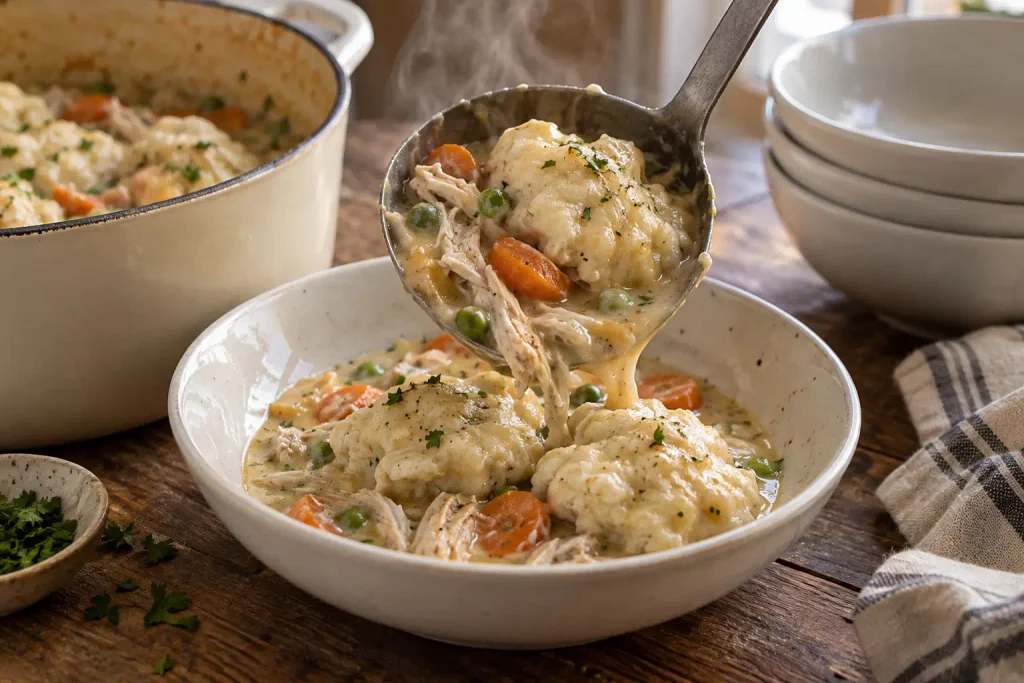 Chicken and Dumplings Recipe: A Creamy Stovetop Pot That Serves 6 7 Ladle serving stovetop chicken and dumplings into a shallow bowl beside a stack of white bowls