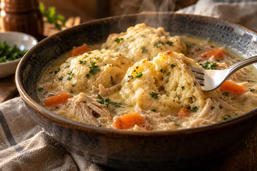 Chicken and Dumplings Recipe: A Creamy Stovetop Pot That Serves 6 6 Cooked dumpling pulled apart with a fork to show a soft crumb inside a pot of chicken dumpling soup