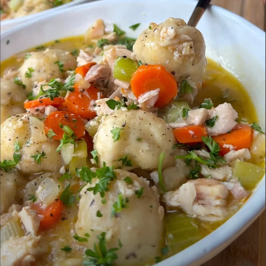 Chicken and Dumplings Recipe: A Creamy Stovetop Pot That Serves 6 2 chicken and dumplings spoonful close up