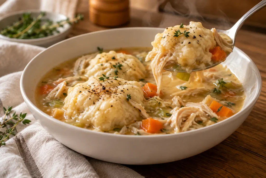 Crockpot Recipes: 12 Hearty Meals That Do the Work While You're Out 8 Spoon lifting a fluffy dumpling from chicken stew with carrots and celery
