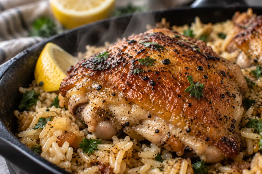 Chicken and Rice: Easy Crispy Skin Skillet in 65 Minutes 5 Close view of blistered, crisp chicken skin after broiling over rice in a skillet