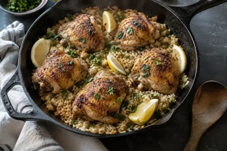 Chicken and Rice: Easy Crispy Skin Skillet in 65 Minutes 14 Chicken and rice in a cast iron skillet topped with crispy golden chicken thighs and lemon wedges