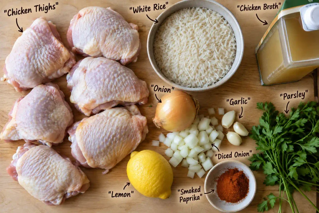 Chicken and Rice: Easy Crispy Skin Skillet in 65 Minutes 2 Ingredients for crispy skin chicken and rice laid out on a wooden board