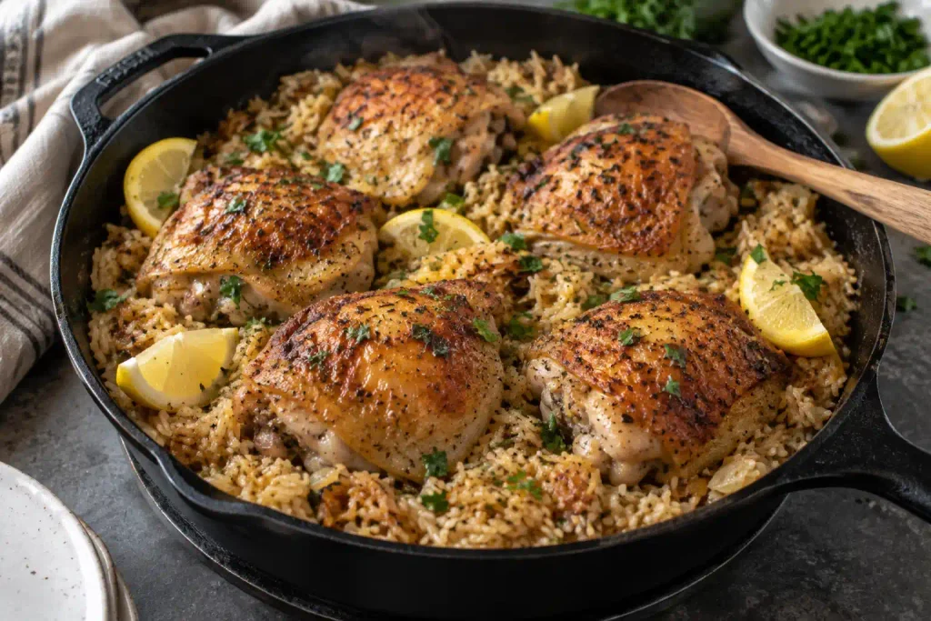 Chicken and Rice: Easy Crispy Skin Skillet in 65 Minutes 4 Chicken thighs nestled skin side up on toasted rice before the lid goes on