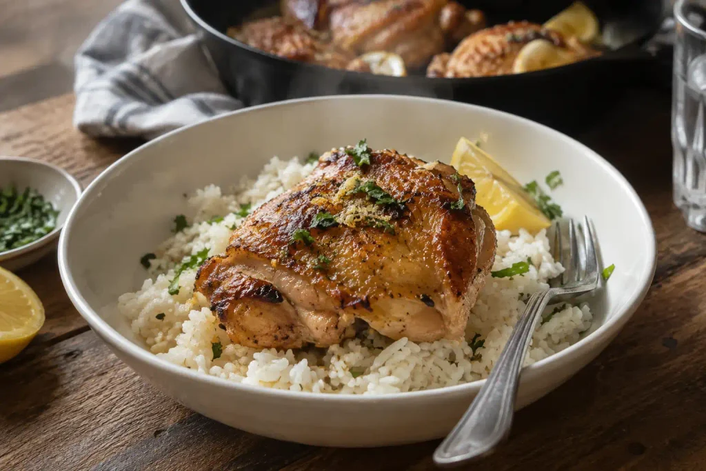 Chicken and Rice: Easy Crispy Skin Skillet in 65 Minutes 6 Plated serving of chicken and rice with one crisp thigh, lemon, and fresh parsley