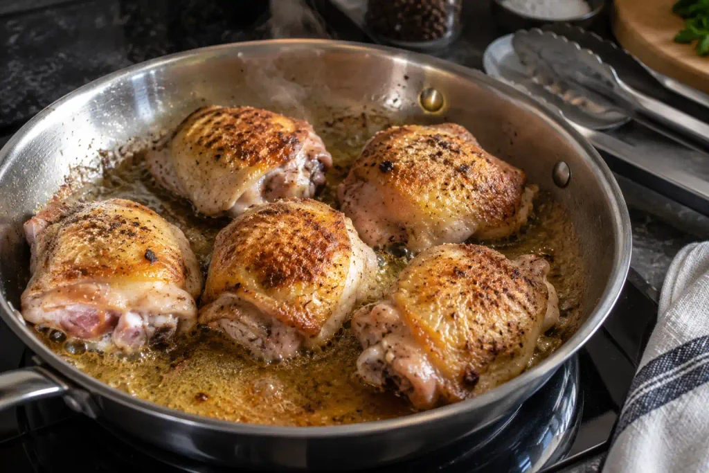 Chicken and Rice: Easy Crispy Skin Skillet in 65 Minutes 3 Chicken thighs skin side down in a skillet as the fat begins to render