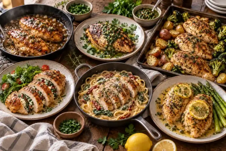 Chicken Breast Recipes: 12 Juicy Ways to Fix Weeknight Dinner 15 Overhead spread of twelve chicken breast recipes including skillet, grilled, and sheet pan dishes