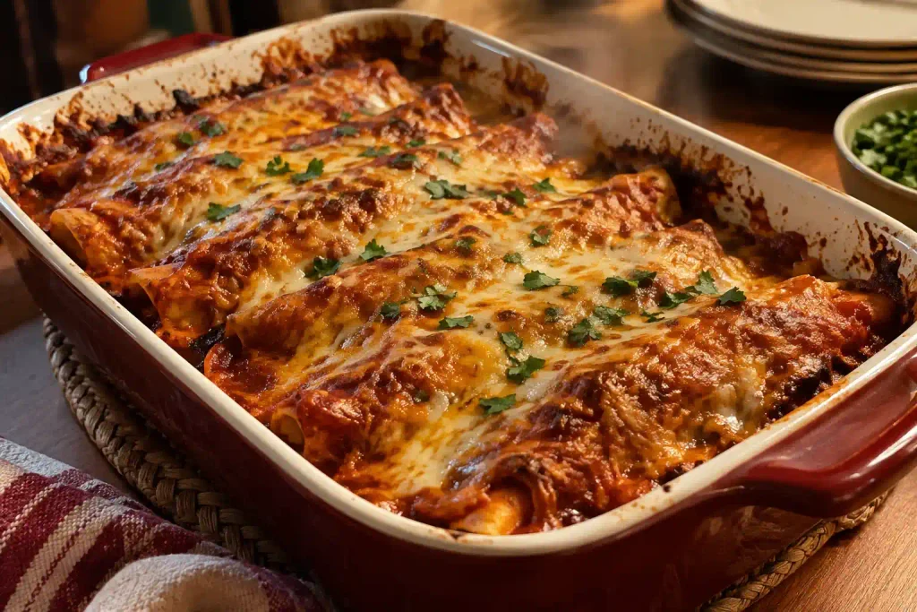 Chicken Enchiladas Recipe with Tender Filling and Red Sauce, 8 Steps 6 Cheesy baked enchiladas bubbling at the edges of a baking dish just out of the oven