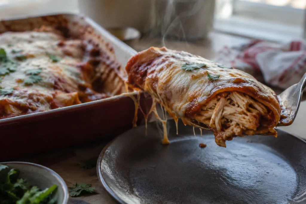 Chicken Enchiladas Recipe with Tender Filling and Red Sauce, 8 Steps 7 Spatula lifting a red sauce enchilada that shows a firm chicken filling inside
