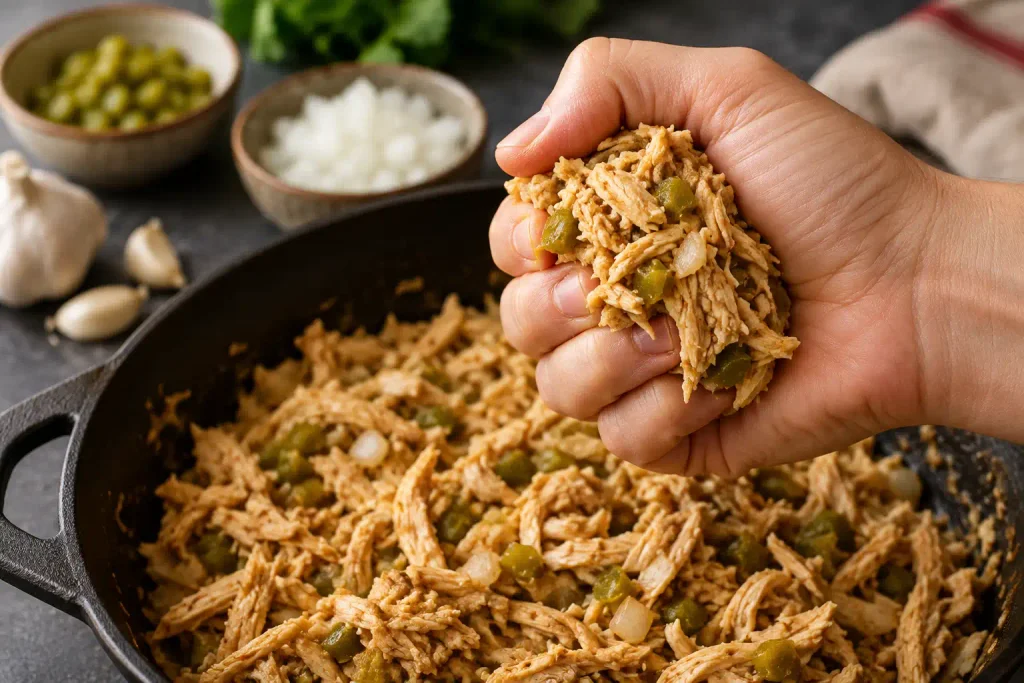 Chicken Enchiladas Recipe with Tender Filling and Red Sauce, 8 Steps 4 Hand squeezing shredded chicken enchilada filling to check how dry the mix is