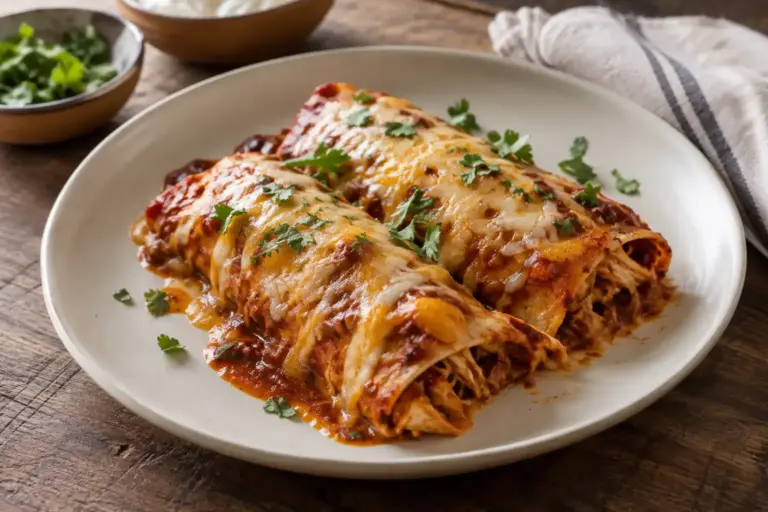 Chicken Enchiladas Recipe with Tender Filling and Red Sauce, 8 Steps 16 Plated baked chicken enchiladas with red sauce and melted cheese on a white plate