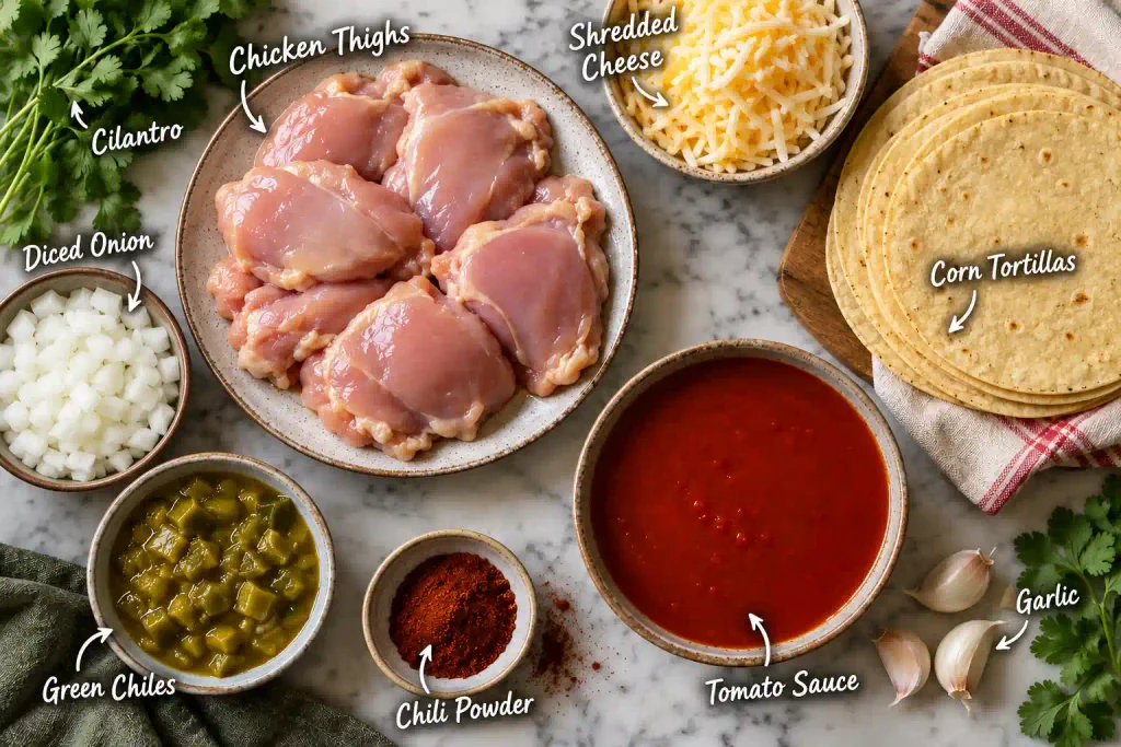 Chicken Enchiladas Recipe with Tender Filling and Red Sauce, 8 Steps 3 chicken enchiladas ingredients laid out on a marble counter with thighs, tortillas and cheese