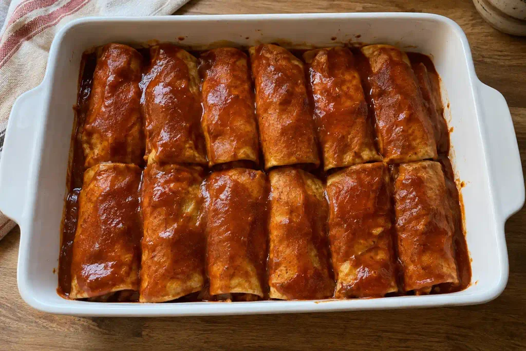 Chicken Enchiladas Recipe with Tender Filling and Red Sauce, 8 Steps 5 Rolled corn tortilla enchiladas packed in a baking dish under red sauce before baking
