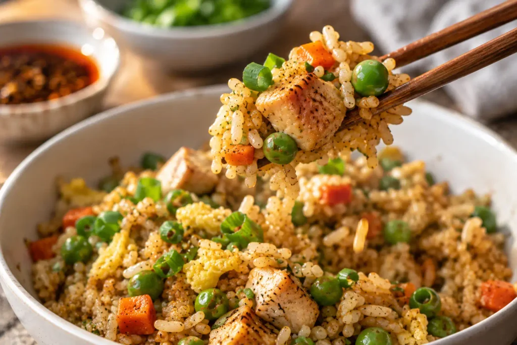 Chicken Fried Rice Recipe: Fluffy Wok Style Rice in 30 Minutes 6 Chopsticks lifting a bite of savory rice with a seared chicken cube above a white bowl