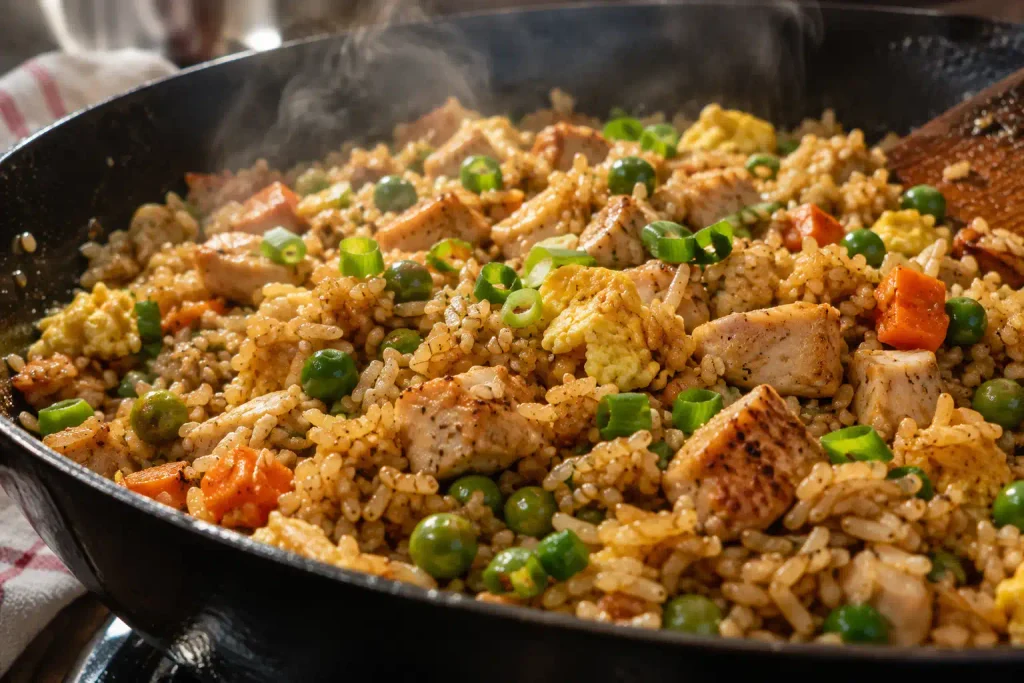 Chicken Fried Rice Recipe: Fluffy Wok Style Rice in 30 Minutes 4 Finished fried rice with chicken, peas and egg curds steaming in a cast iron skillet