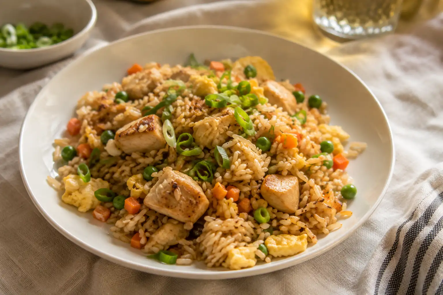 Chicken Fried Rice Recipe: Fluffy Wok Style Rice in 30 Minutes 7 Plated chicken fried rice with golden egg curds and green onion on a white plate