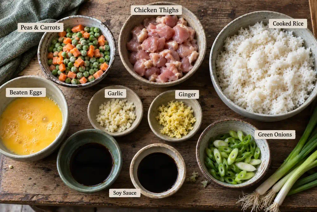 Chicken Fried Rice Recipe: Fluffy Wok Style Rice in 30 Minutes 2 Homemade fried rice ingredients laid out in small bowls on a wooden board