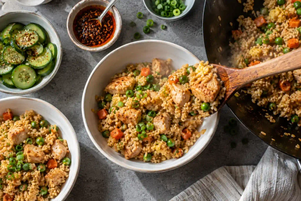 Chicken Fried Rice Recipe: Fluffy Wok Style Rice in 30 Minutes 5 Easy chicken fried rice spooned into white bowls beside a cucumber salad