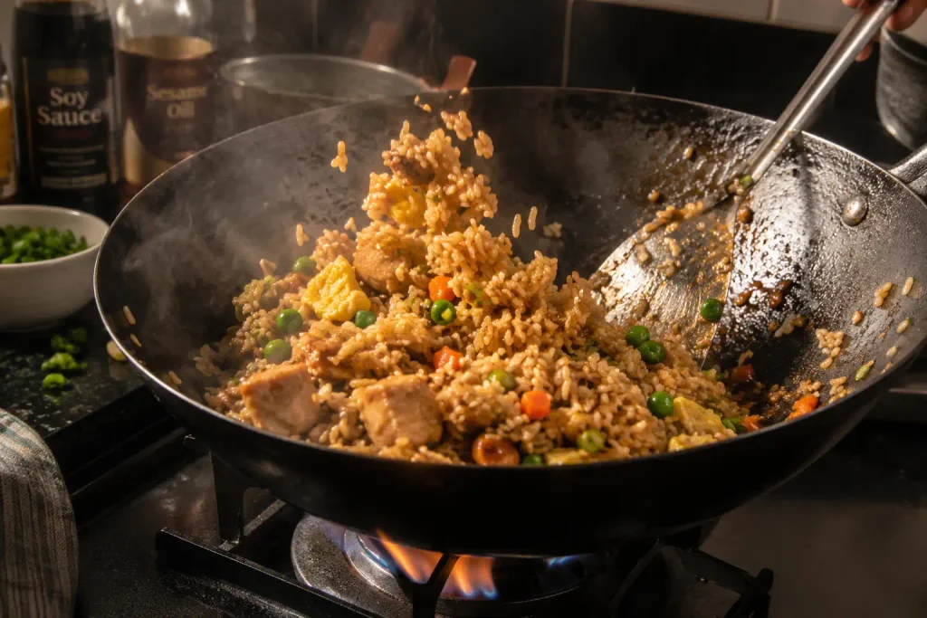Chicken Fried Rice Recipe: Fluffy Wok Style Rice in 30 Minutes 3 Day old rice stir fried with chicken as soy sauce sizzles on the edge of a wok