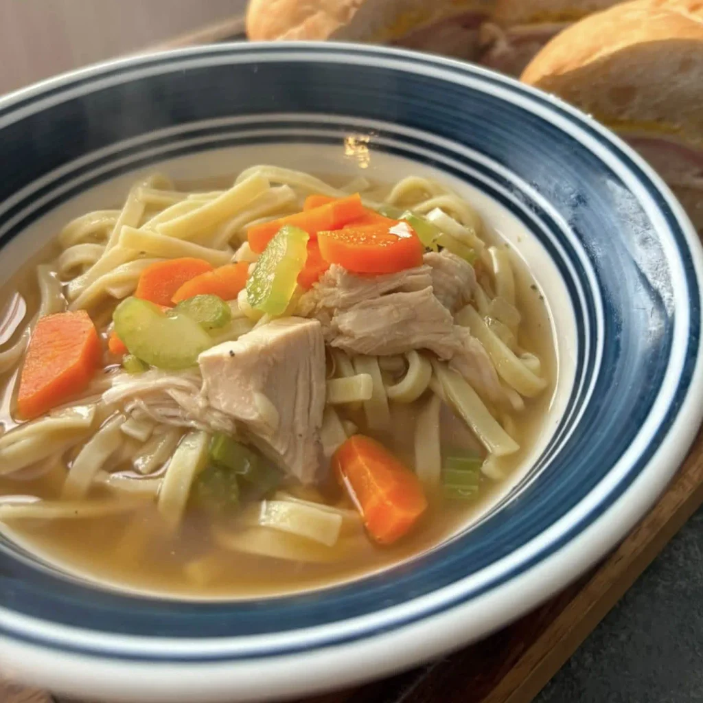 Chicken Noodle Soup Recipe: A Hearty Broth Ready in 60 Minutes 2 Bowl of chicken noodle soup with noodles, chicken, carrots, and celery.