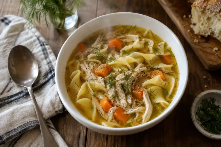 Overhead bowl of chicken noodle soup topped with shredded chicken and dill