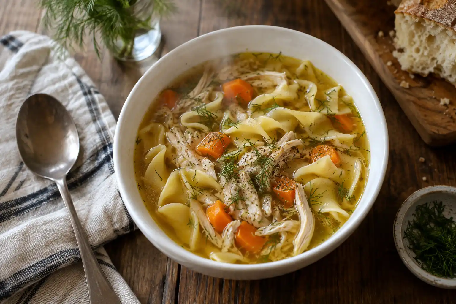 Chicken Noodle Soup Recipe: A Hearty Broth Ready in 60 Minutes 8 Overhead bowl of chicken noodle soup topped with shredded chicken and dill