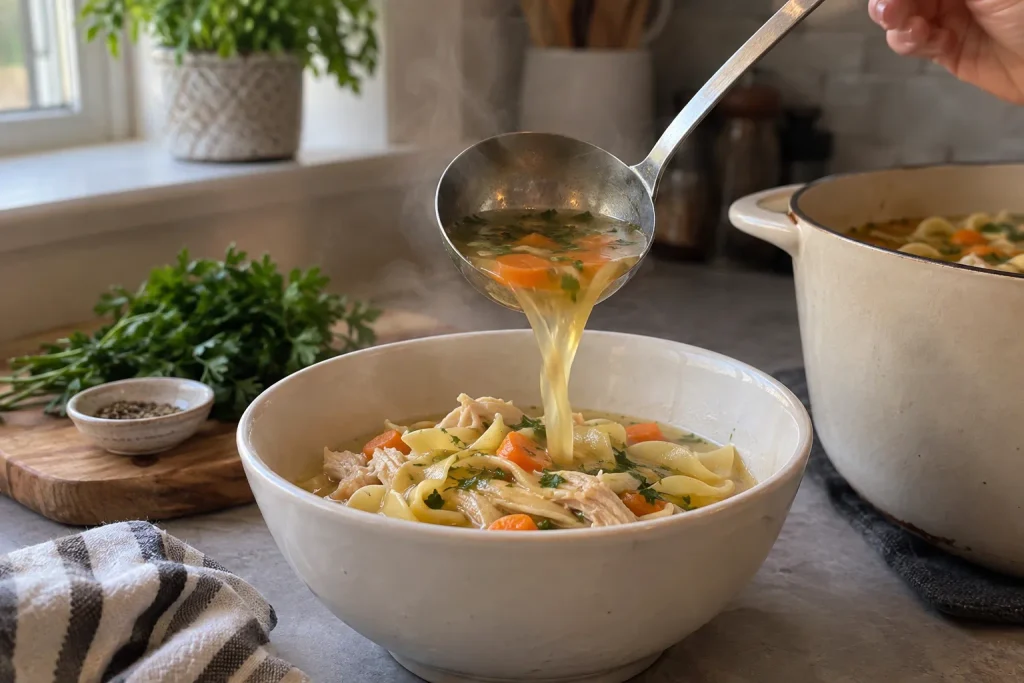 Chicken Noodle Soup Recipe: A Hearty Broth Ready in 60 Minutes 6 Ladling chicken noodle soup broth over noodles in a serving bowl