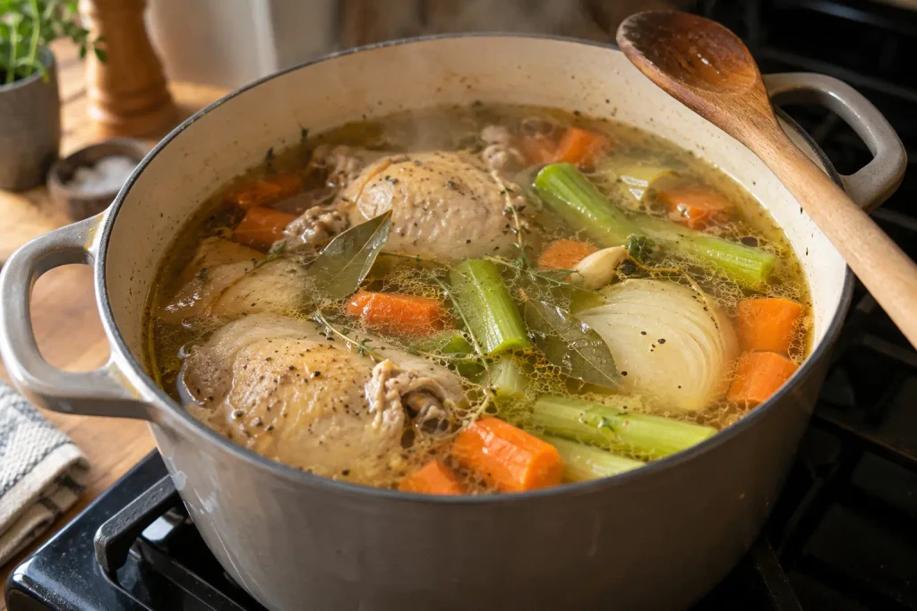 Chicken Noodle Soup Recipe: A Hearty Broth Ready in 60 Minutes 4 Pot of homemade chicken noodle soup simmering with vegetables and chicken